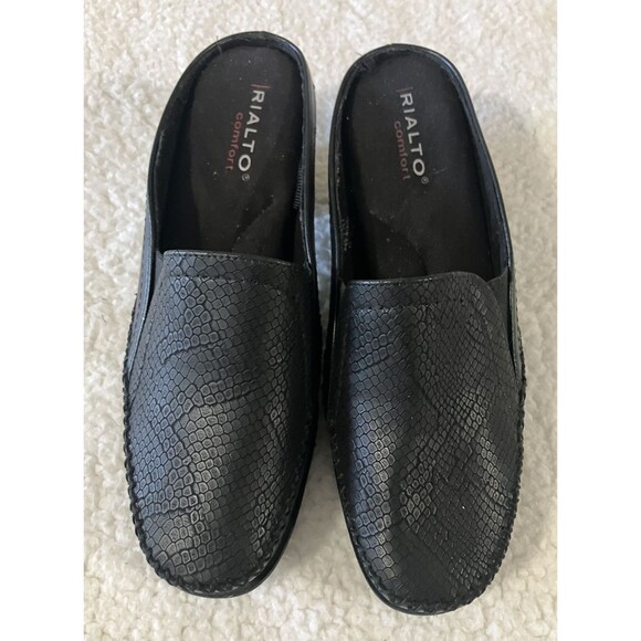 RIALTO VETTE Black Croc Embossed Mules Clogs Size 9.5M Slip-On Comfort Heel - Picture 1 of 11